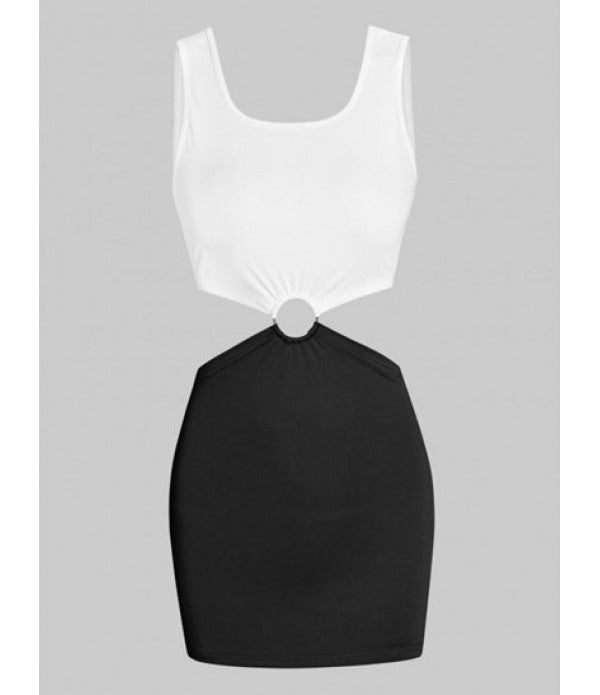 Colorblock O Ring Cutout Waist Slinky Dress
