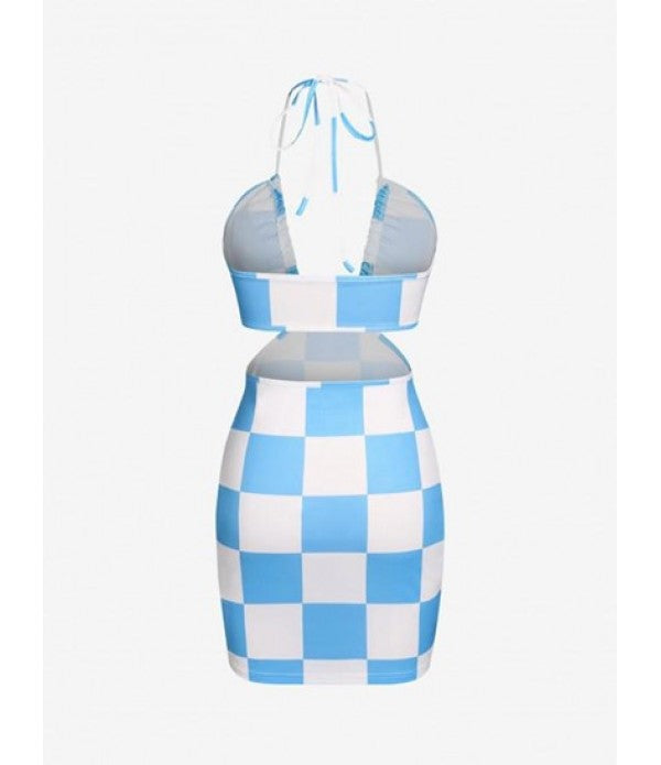 Checkerboard Print Halter Cutout Slinky Dress