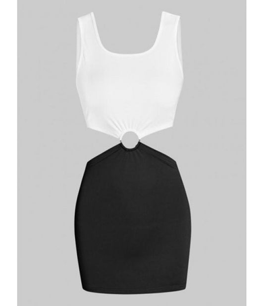 Colorblock O Ring Cutout Waist Slinky Dress